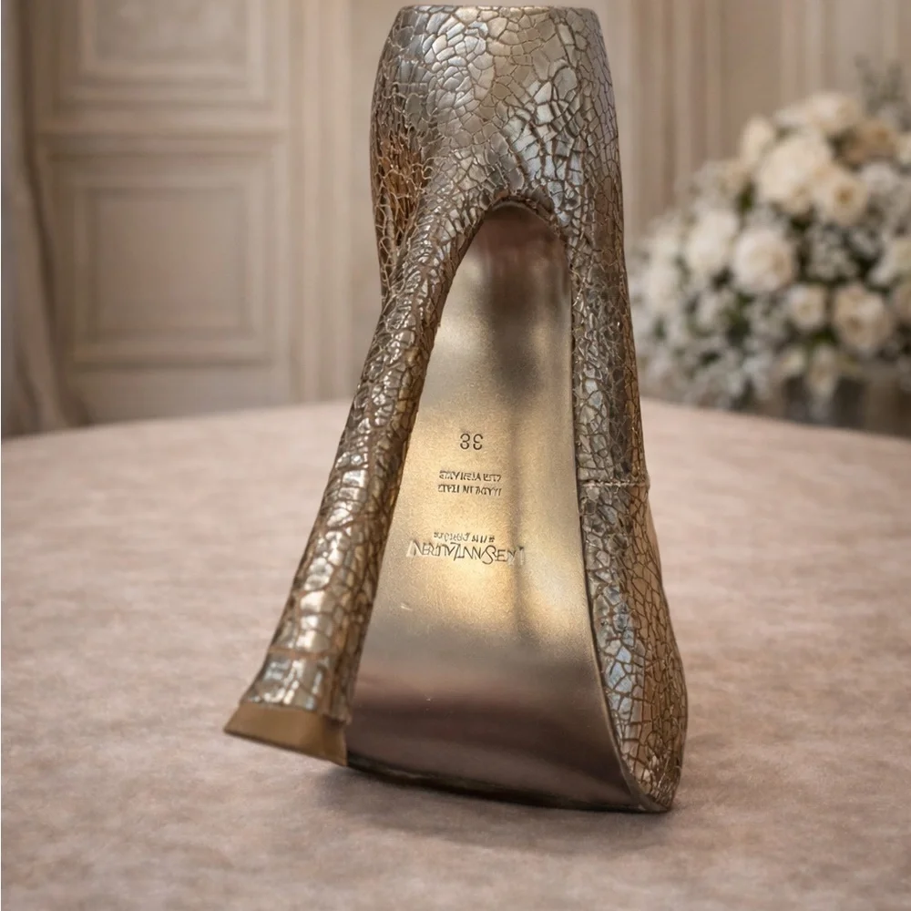 Saint Laurent YSL Gold‎ Metallic Cracked Leather Pointed Toe Pumps, 38/8